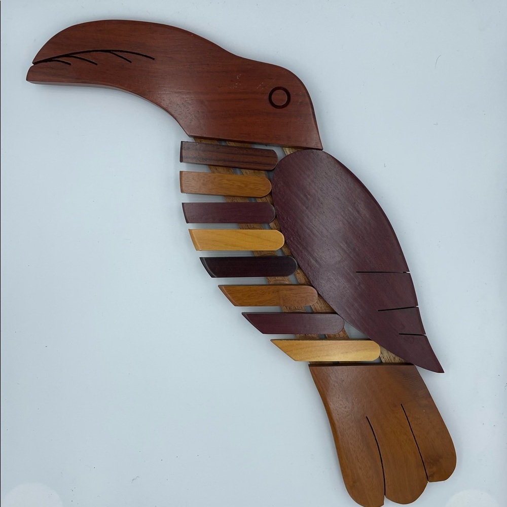 Vintage 1970 MCM wood multi coloured toucan trivet / wall art